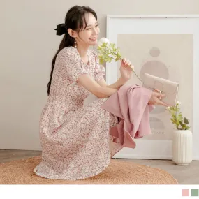 SHORT SLEEVE ELASTIC WAIST FLORAL PRINTED DRESS