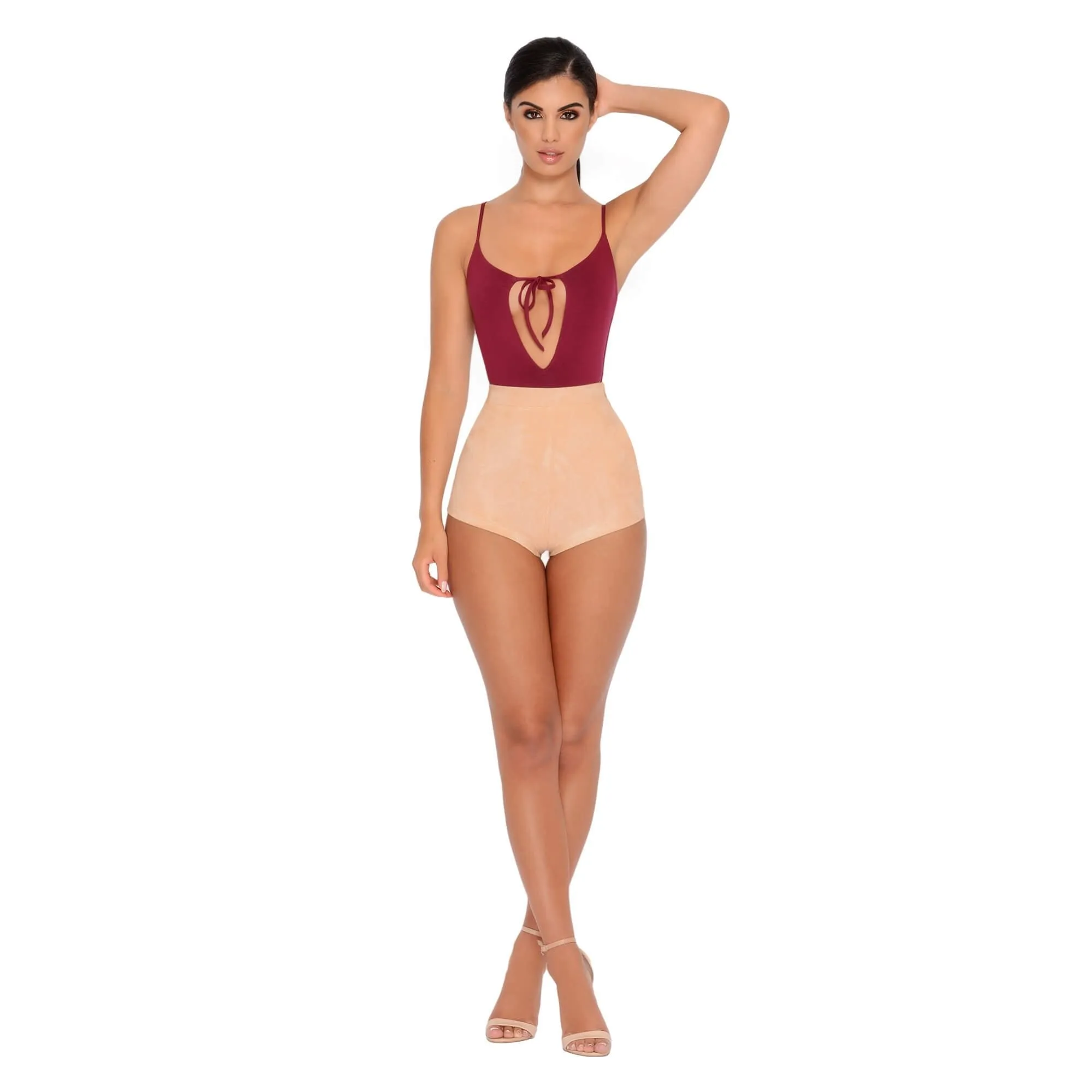 Soft Focus High Waisted Suedette Hot Pant Shorts in Camel