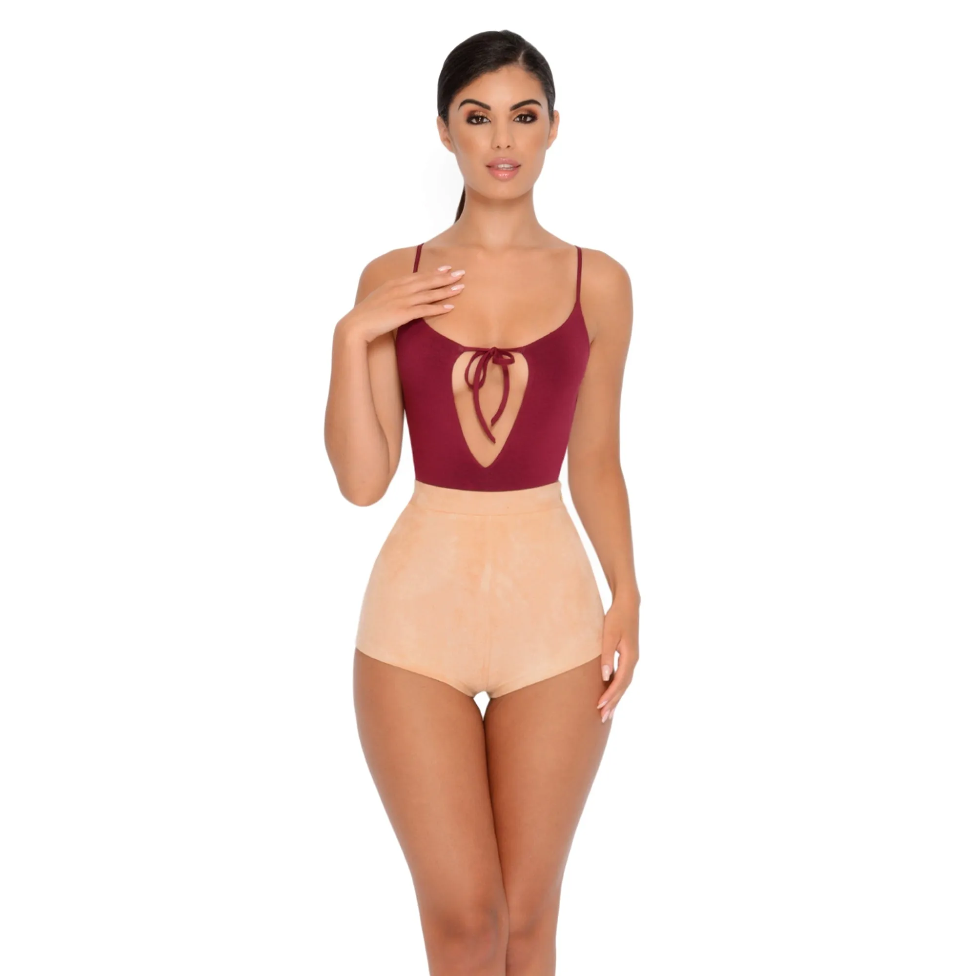 Soft Focus High Waisted Suedette Hot Pant Shorts in Camel
