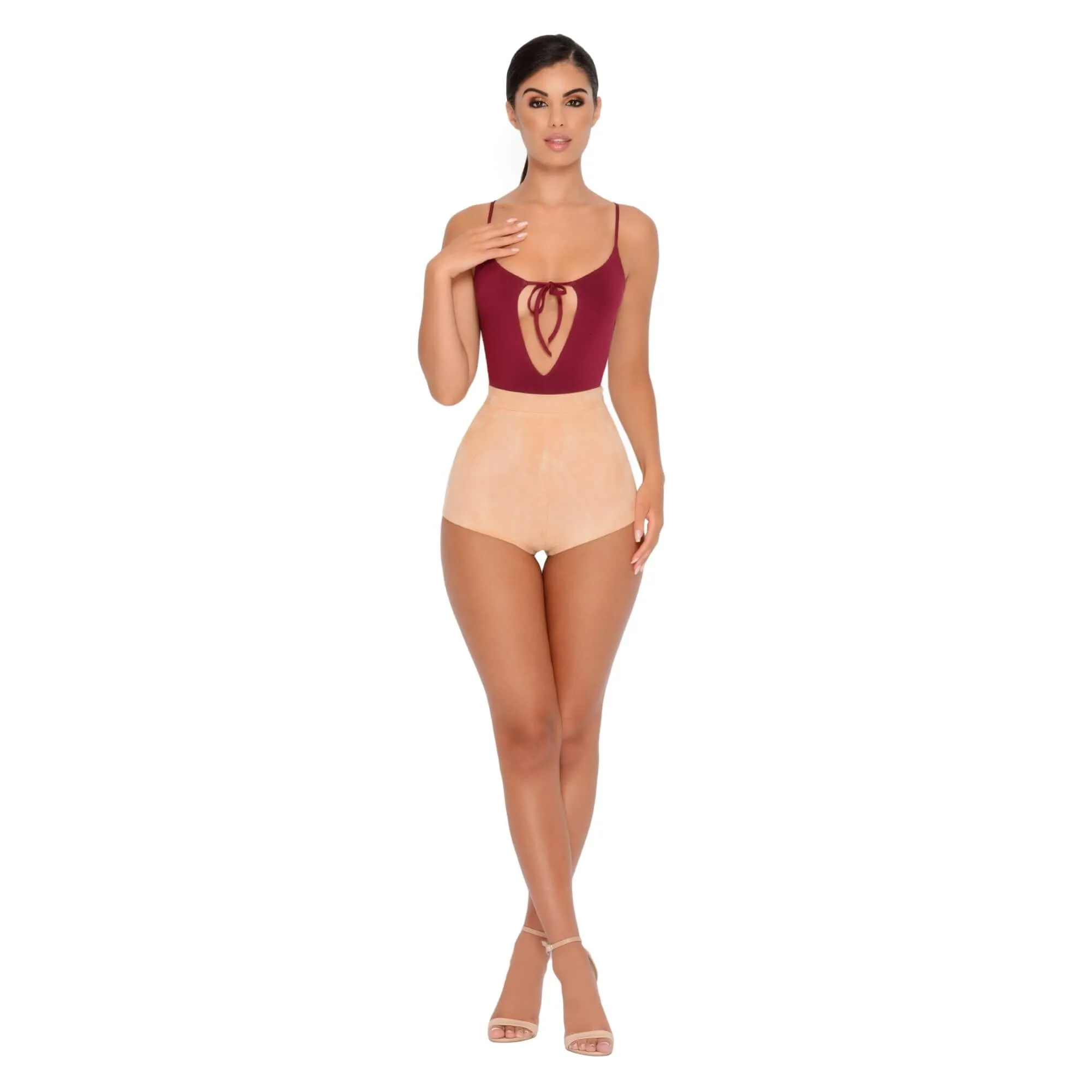 Soft Focus High Waisted Suedette Hot Pant Shorts in Camel