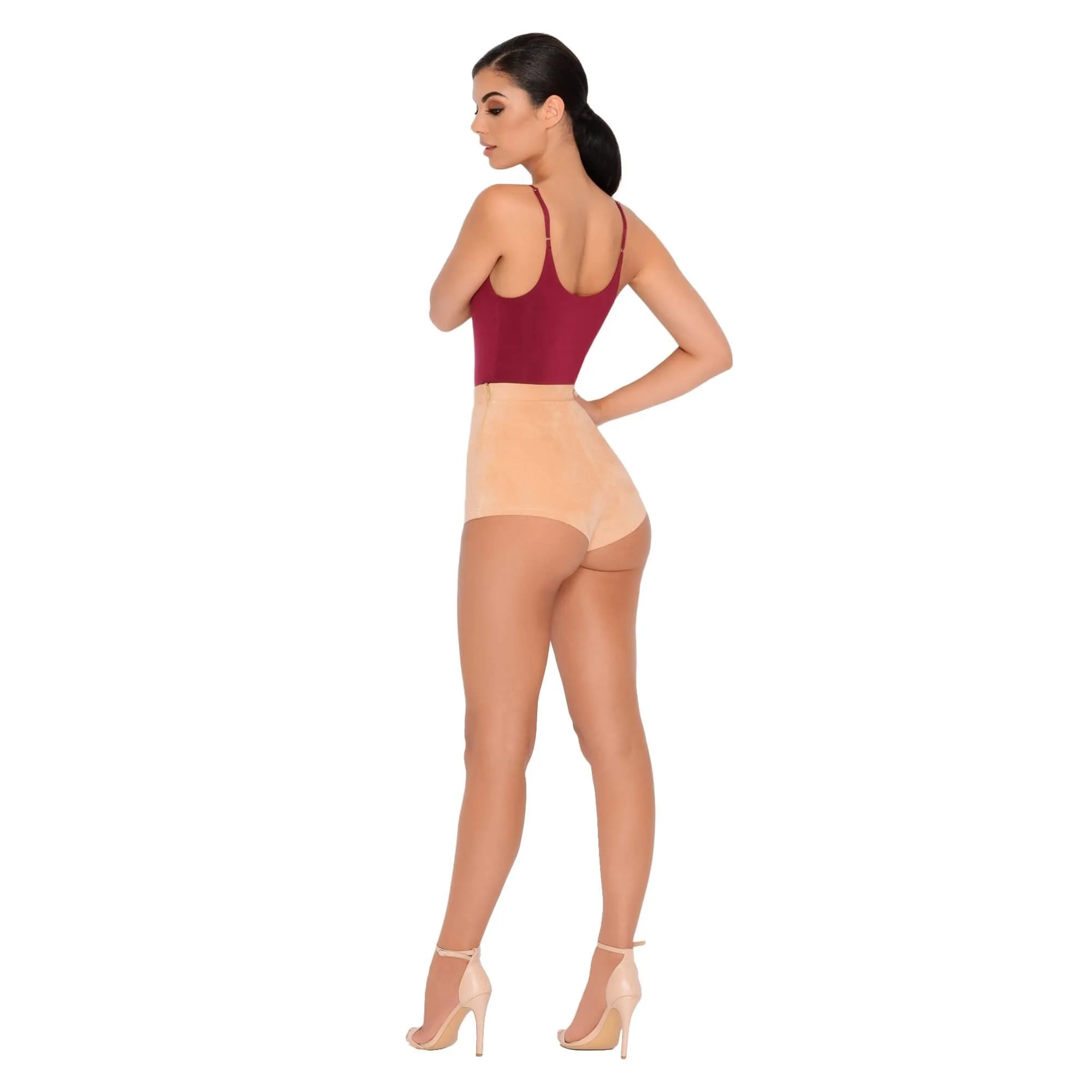 Soft Focus High Waisted Suedette Hot Pant Shorts in Camel