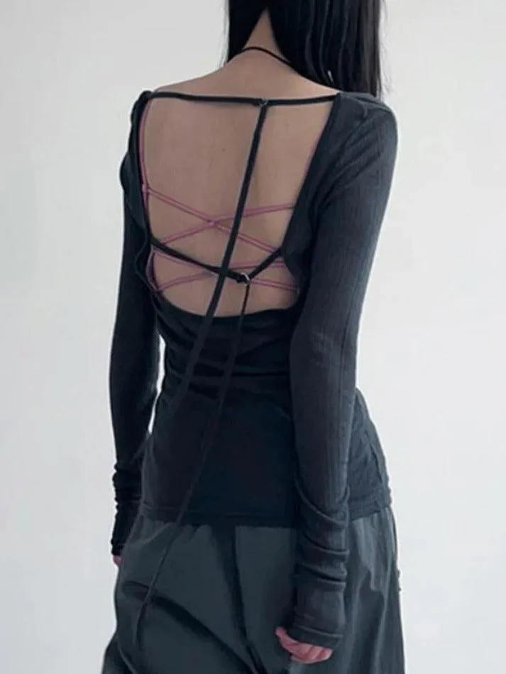 Solid Color Backless Long Sleeve Knit