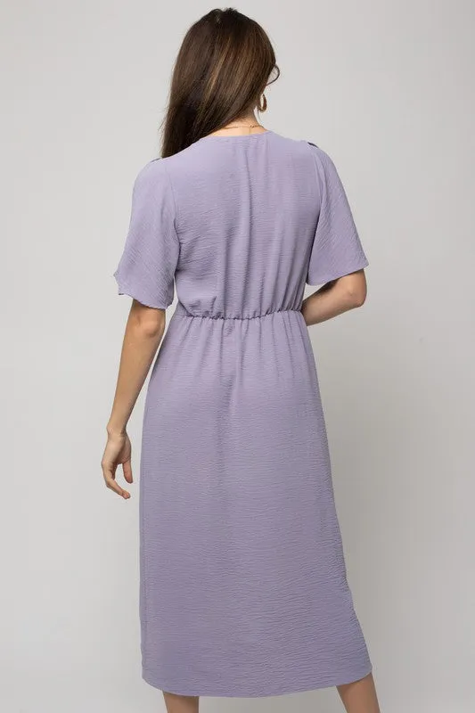 Solid V-Neck Midi Dress W-Front Knot