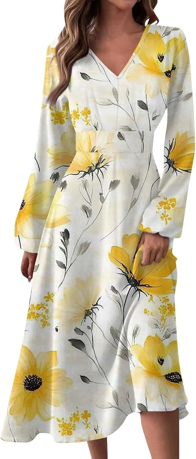 Spring Dresses for Women 2025 Midi V Neck Long Sleeve Summer Casual Modest Tea Length Western Loose Dress