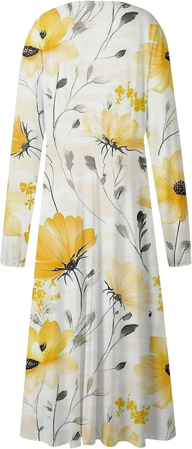 Spring Dresses for Women 2025 Midi V Neck Long Sleeve Summer Casual Modest Tea Length Western Loose Dress
