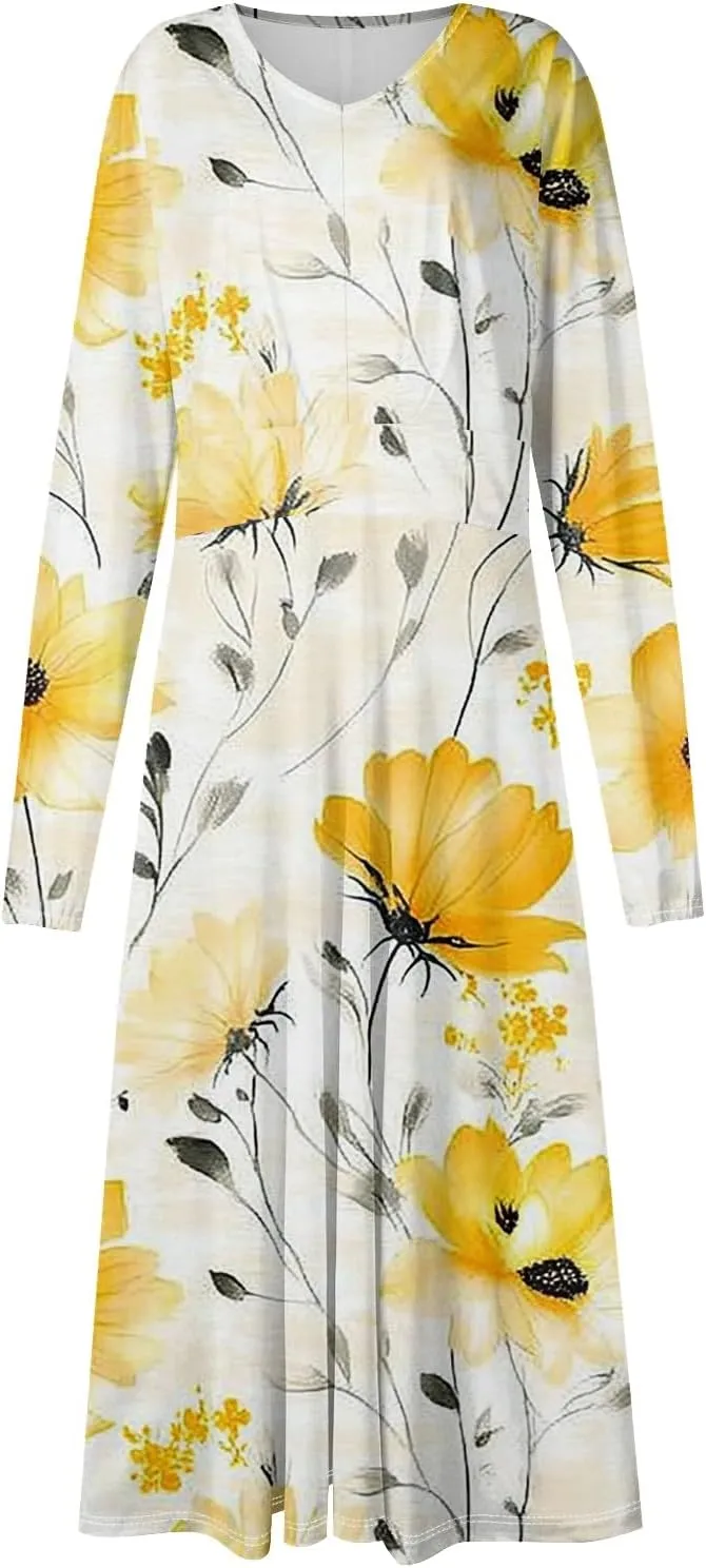 Spring Dresses for Women 2025 Midi V Neck Long Sleeve Summer Casual Modest Tea Length Western Loose Dress