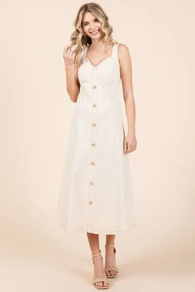 Stretch Twill Decor Button Midi Dress
