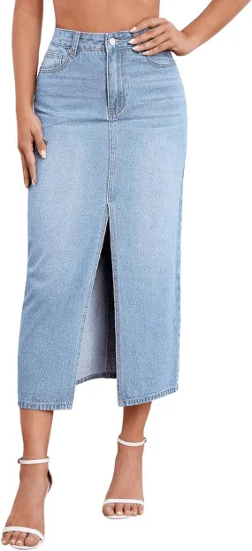 Stylish Women's Stretch Denim Skirt Mid-Length Comfortable & Curve-Hugging with Center Slit
