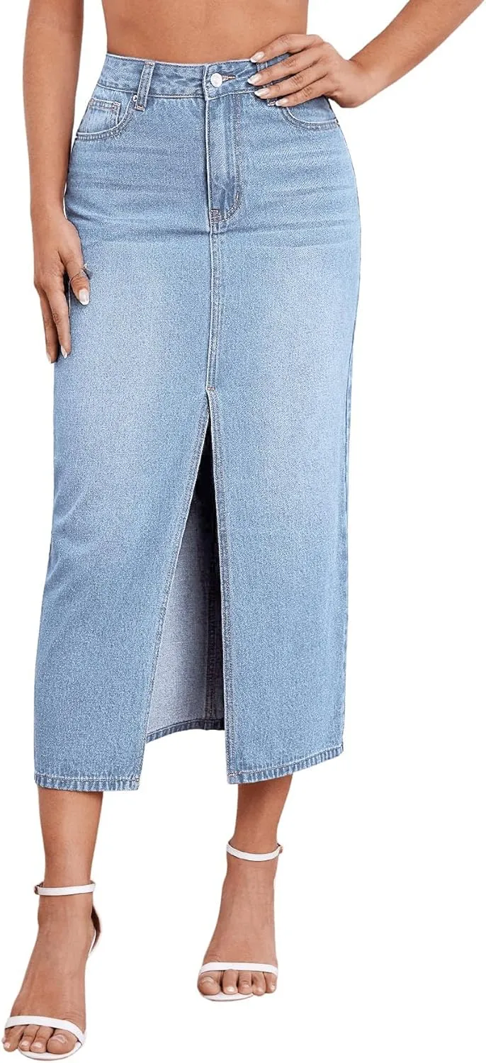 Stylish Women's Stretch Denim Skirt Mid-Length Comfortable & Curve-Hugging with Center Slit