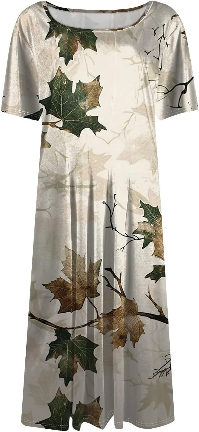 Summer Dresses for Women 2025 Cinch Waist Midi Sun Dress Vacation Crewneck Short Sleeve A Line Dress Side Pockets