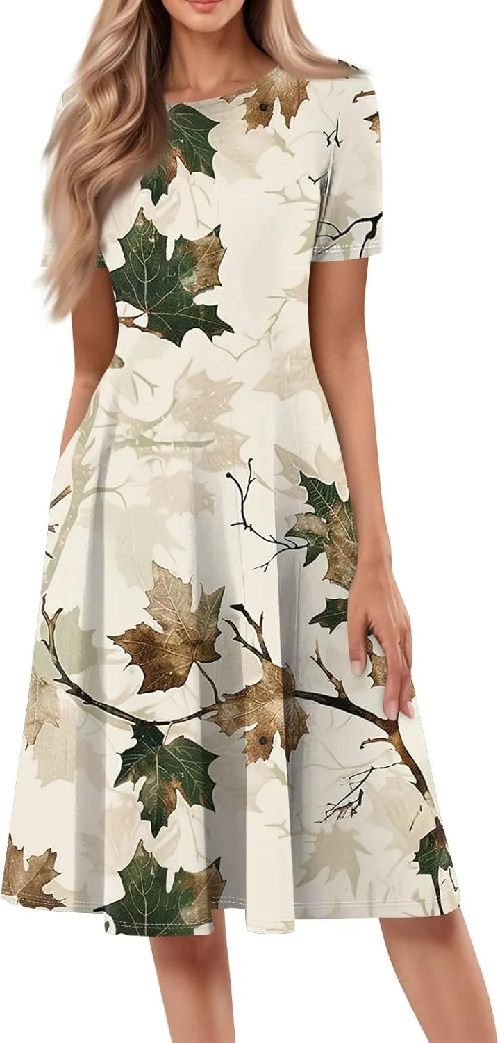 Summer Dresses for Women 2025 Cinch Waist Midi Sun Dress Vacation Crewneck Short Sleeve A Line Dress Side Pockets