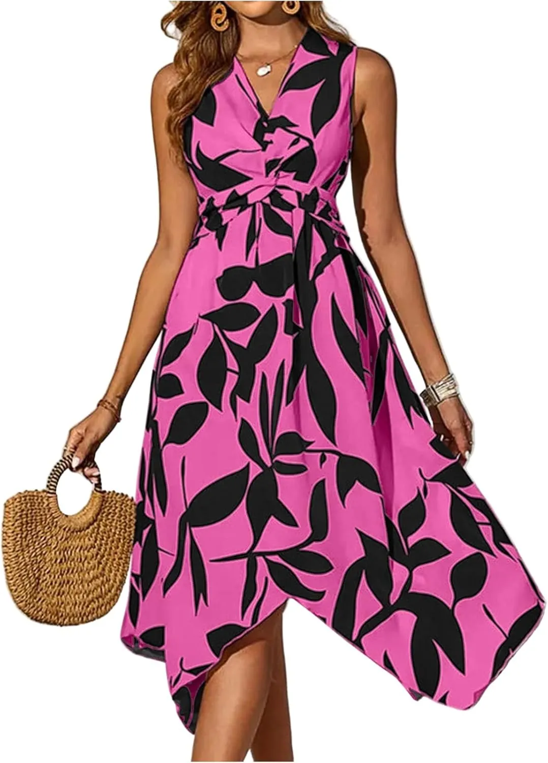 Summer Dresses for Women 2025 Floral Handkerchief Hem Midi Dresses Casual Flowy V Neck Tshirt Dress A Line Tank Dress