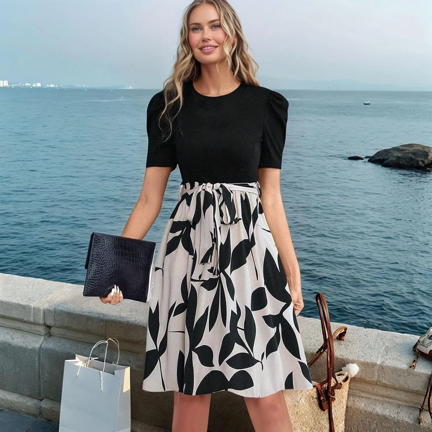 Summer Dresses for Women 2025 Floral Print Wrap Short Sleeve Maxi Dress Patchwork Ruffle Hem A Line Dress