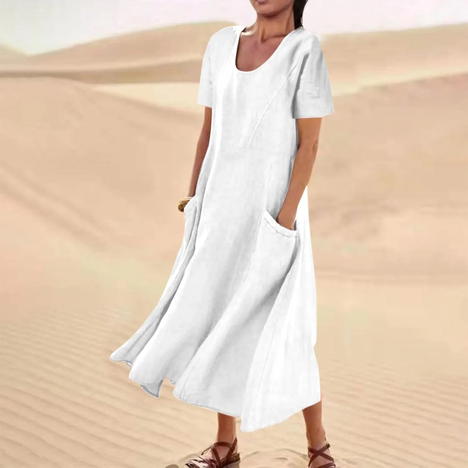 Summer Linen Dresses for Women 2025 Short Sleeve Round Neck Beach Vacation Casual Maxi Dresses Sun Dress with Pockets