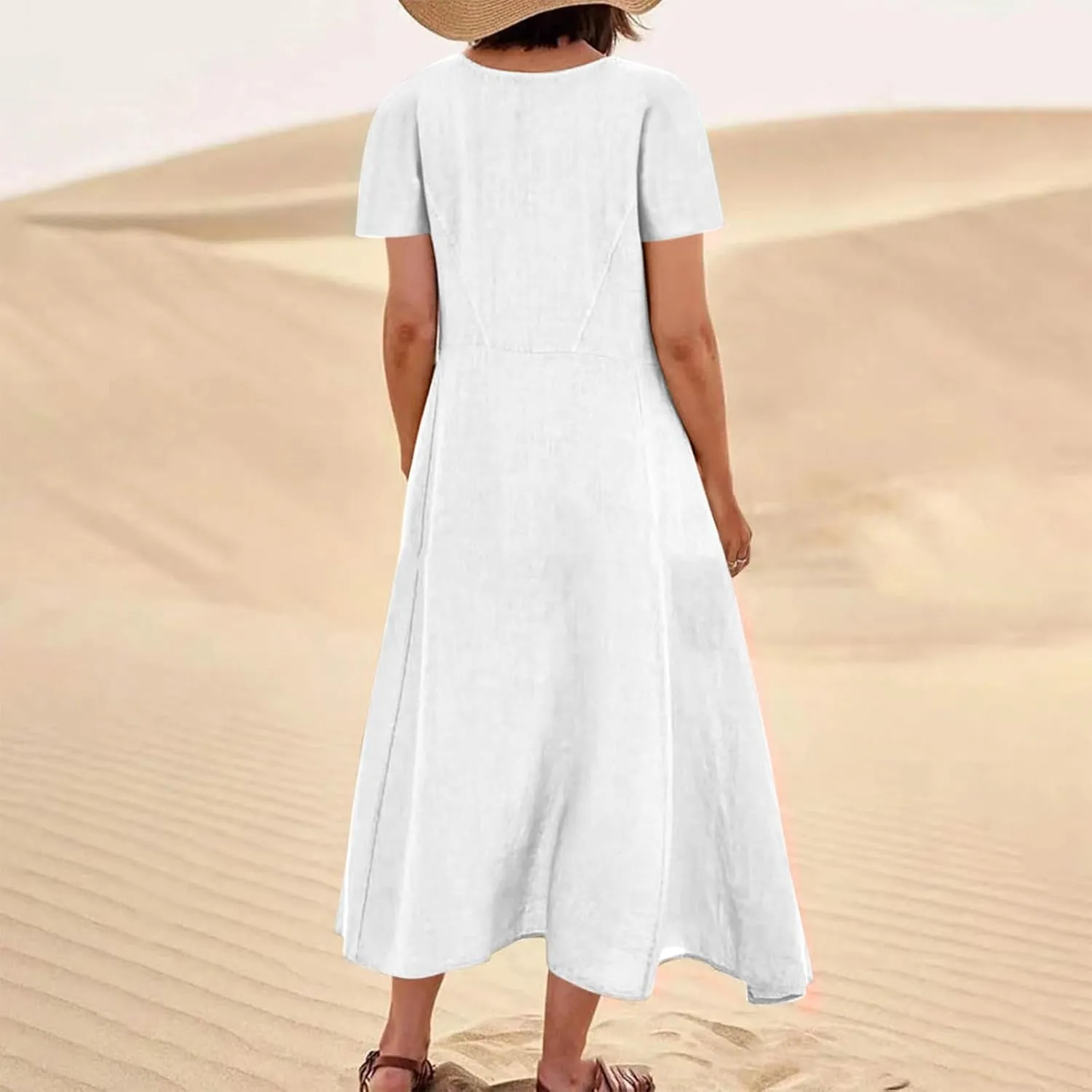 Summer Linen Dresses for Women 2025 Short Sleeve Round Neck Beach Vacation Casual Maxi Dresses Sun Dress with Pockets