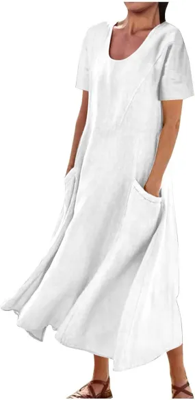 Summer Linen Dresses for Women 2025 Short Sleeve Round Neck Beach Vacation Casual Maxi Dresses Sun Dress with Pockets