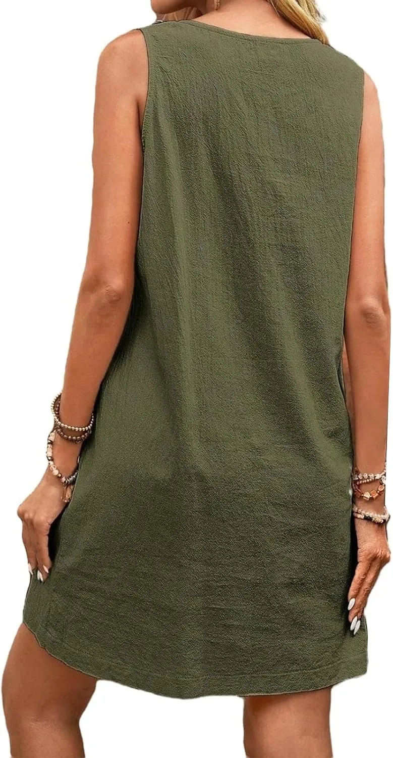 Summer Midi Dresses for Women 2025 Cotton Linen Dress Sleeveless Tshirt Dress with Pockets Beach Tank Sundress Loose