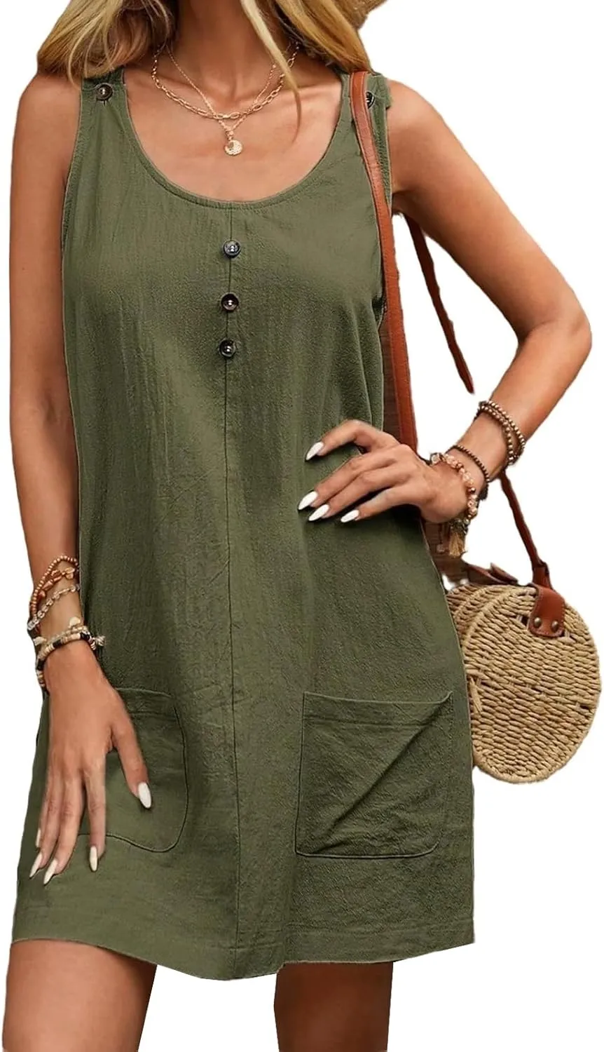 Summer Midi Dresses for Women 2025 Cotton Linen Dress Sleeveless Tshirt Dress with Pockets Beach Tank Sundress Loose