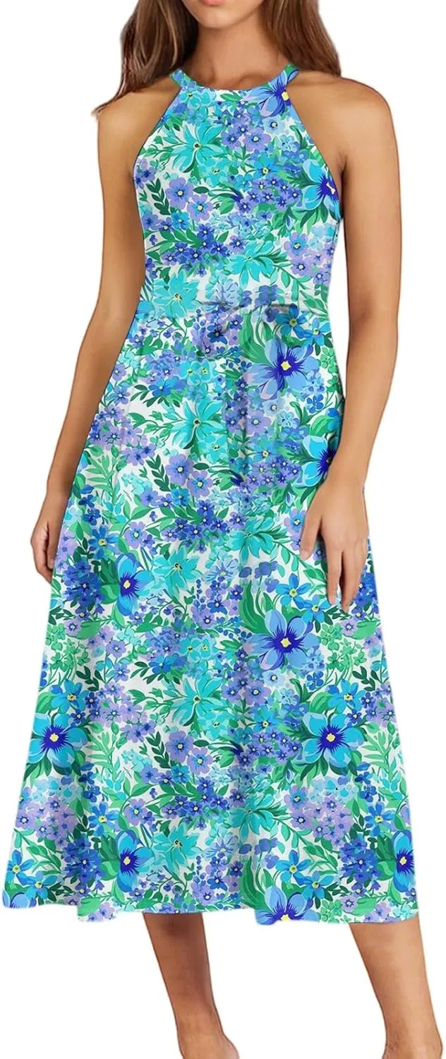 Summer Midi Halter Floral Dresses for Women 2025 Vacation Sleeveless Tie Empire Waist Flowy A Line Sundress Frocks