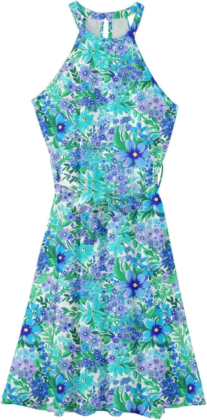 Summer Midi Halter Floral Dresses for Women 2025 Vacation Sleeveless Tie Empire Waist Flowy A Line Sundress Frocks