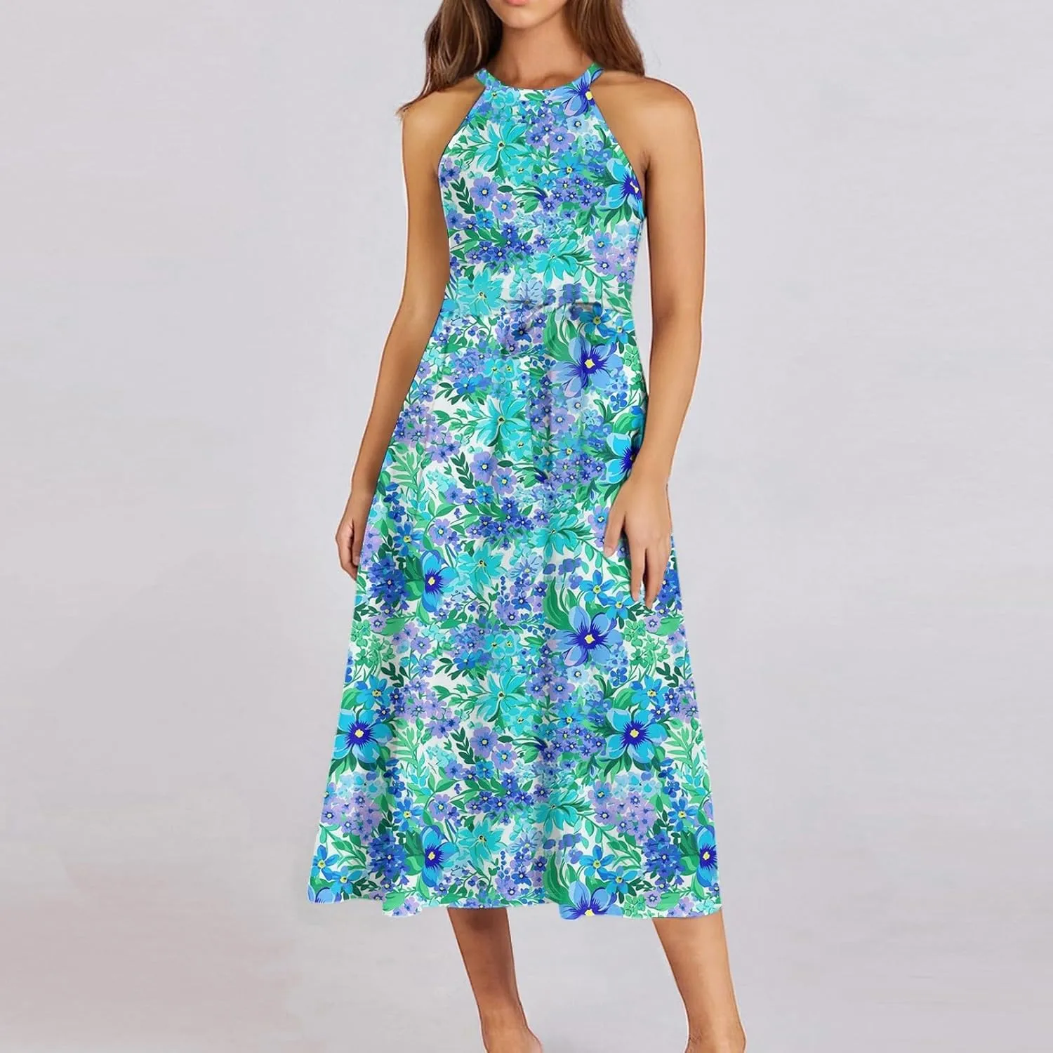 Summer Midi Halter Floral Dresses for Women 2025 Vacation Sleeveless Tie Empire Waist Flowy A Line Sundress Frocks