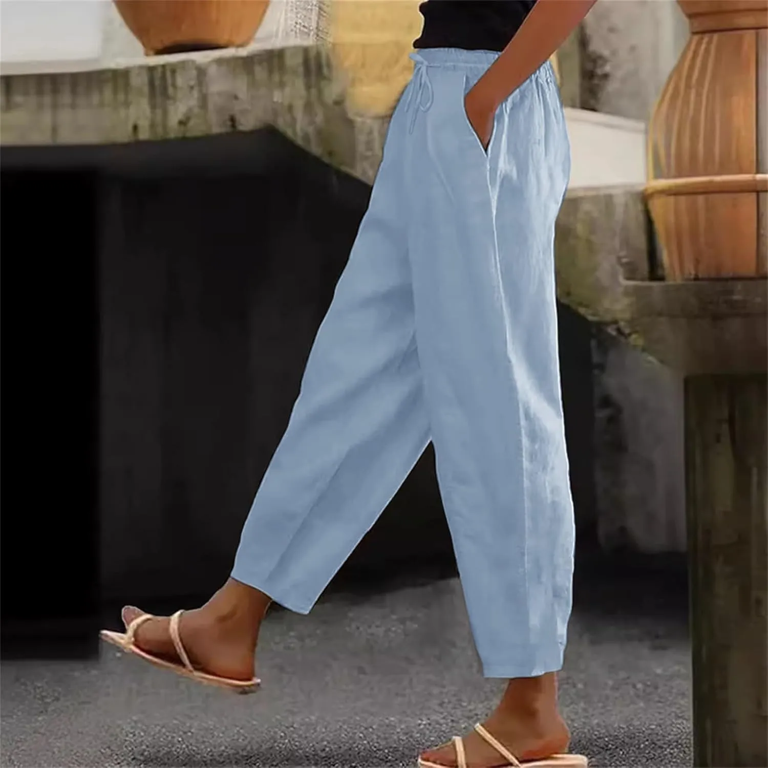 TANGNADE Women's Relaxed Wide-Leg Palazzo Pants with Elastic Waist Casual Harem Trousers for Summer and Beach Wear