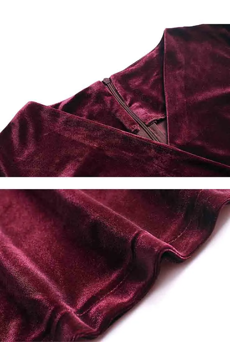 V-neck Flared Sleeve Velvet Maxi Dress