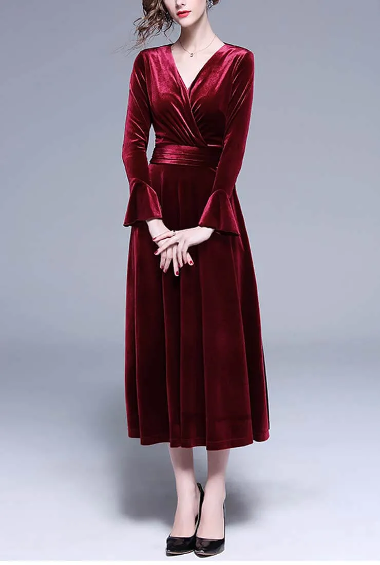 V-neck Flared Sleeve Velvet Maxi Dress