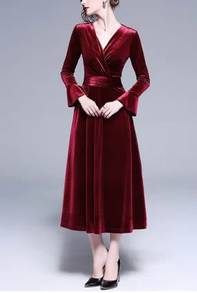 V-neck Flared Sleeve Velvet Maxi Dress