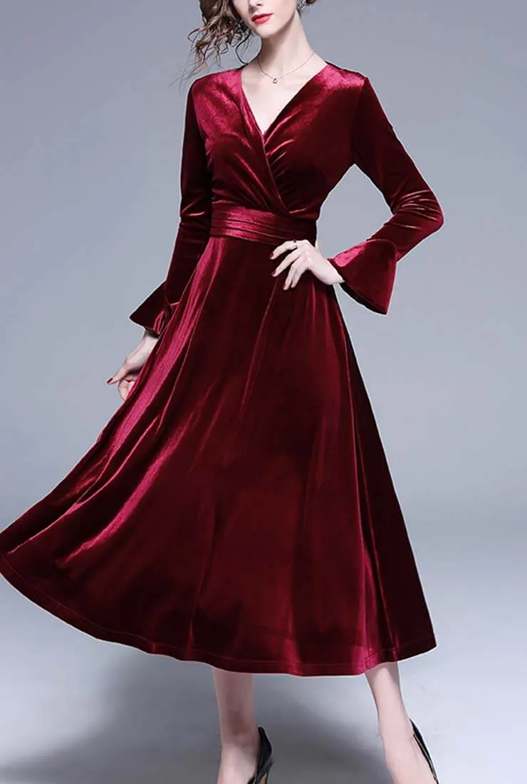 V-neck Flared Sleeve Velvet Maxi Dress