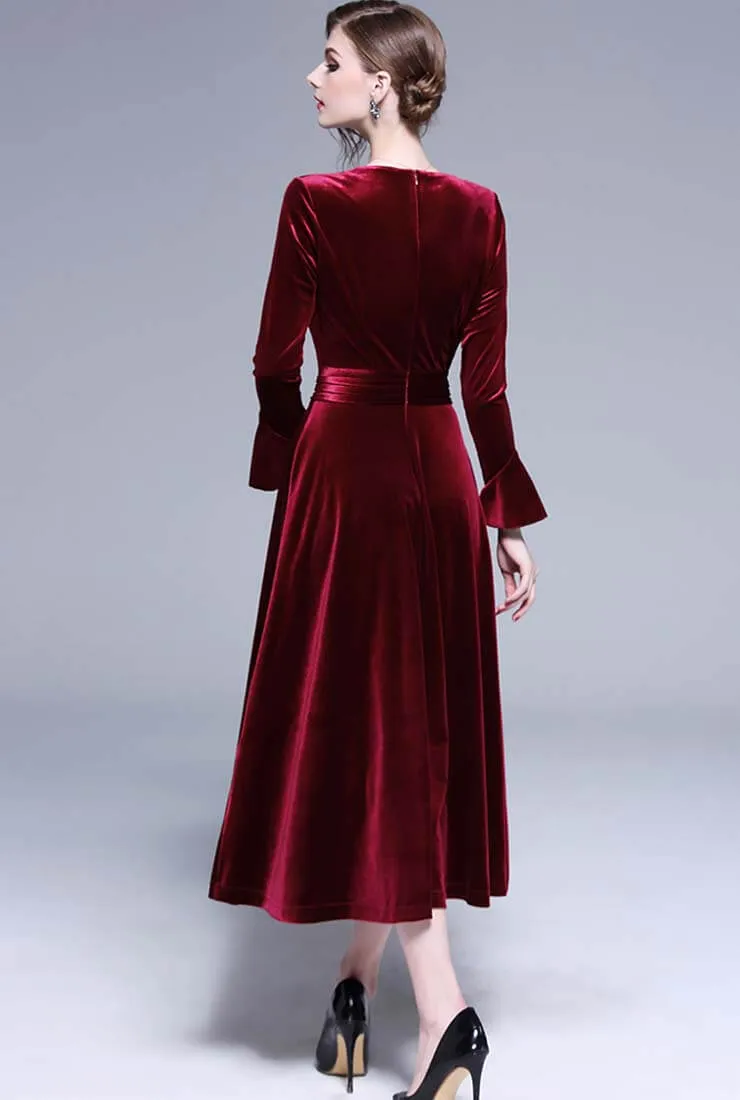 V-neck Flared Sleeve Velvet Maxi Dress
