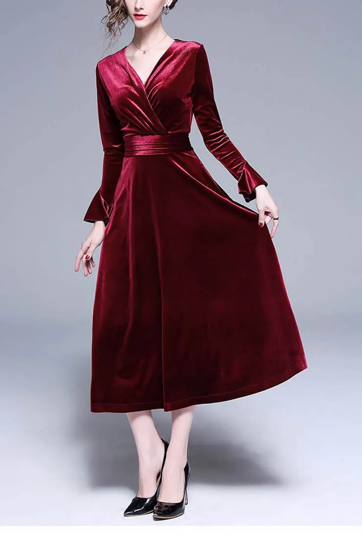V-neck Flared Sleeve Velvet Maxi Dress