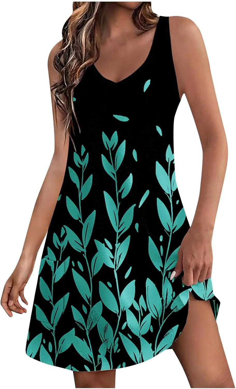Vintage Sundresses for Women Casual V Neck Bohemian Tshirt Dress Ladies Flowy Knee Length Short Dress with Pockets