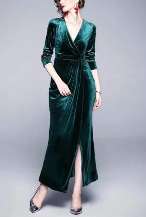 Vintage V-neck Split Velvet Maxi Wrap Dress
