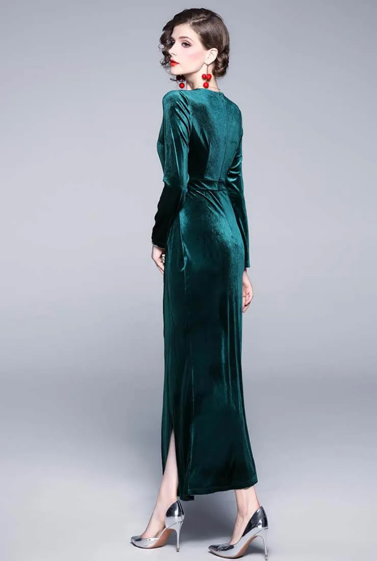 Vintage V-neck Split Velvet Maxi Wrap Dress