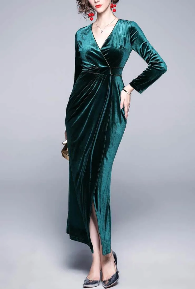 Vintage V-neck Split Velvet Maxi Wrap Dress