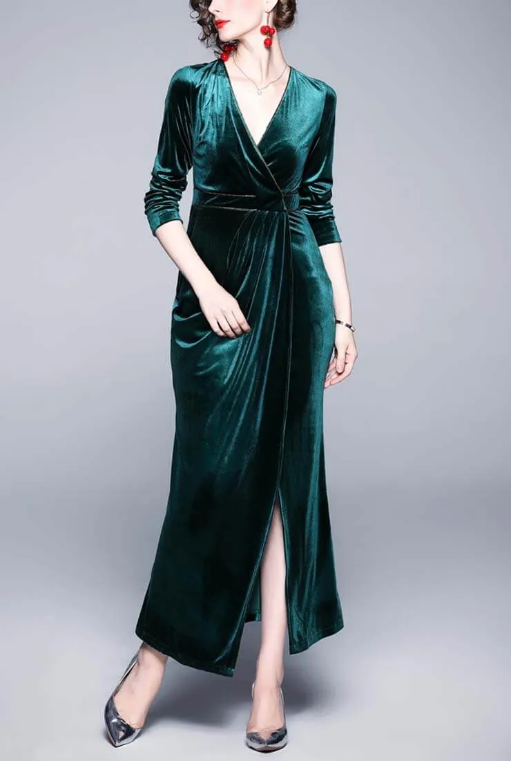 Vintage V-neck Split Velvet Maxi Wrap Dress