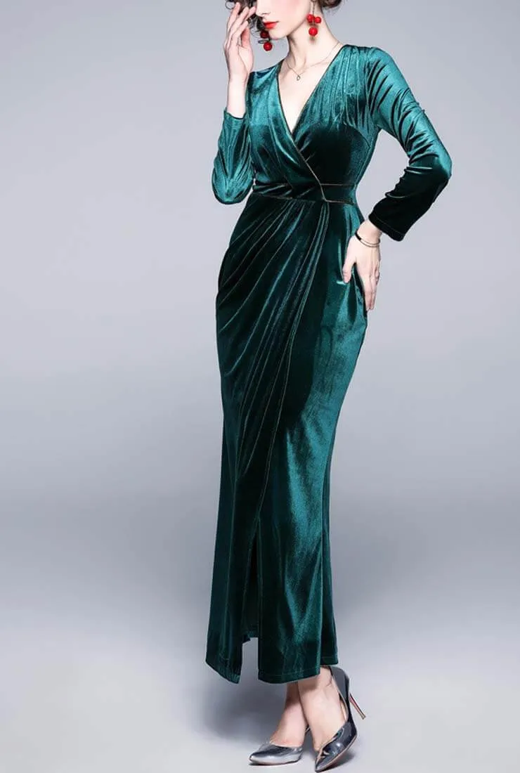 Vintage V-neck Split Velvet Maxi Wrap Dress