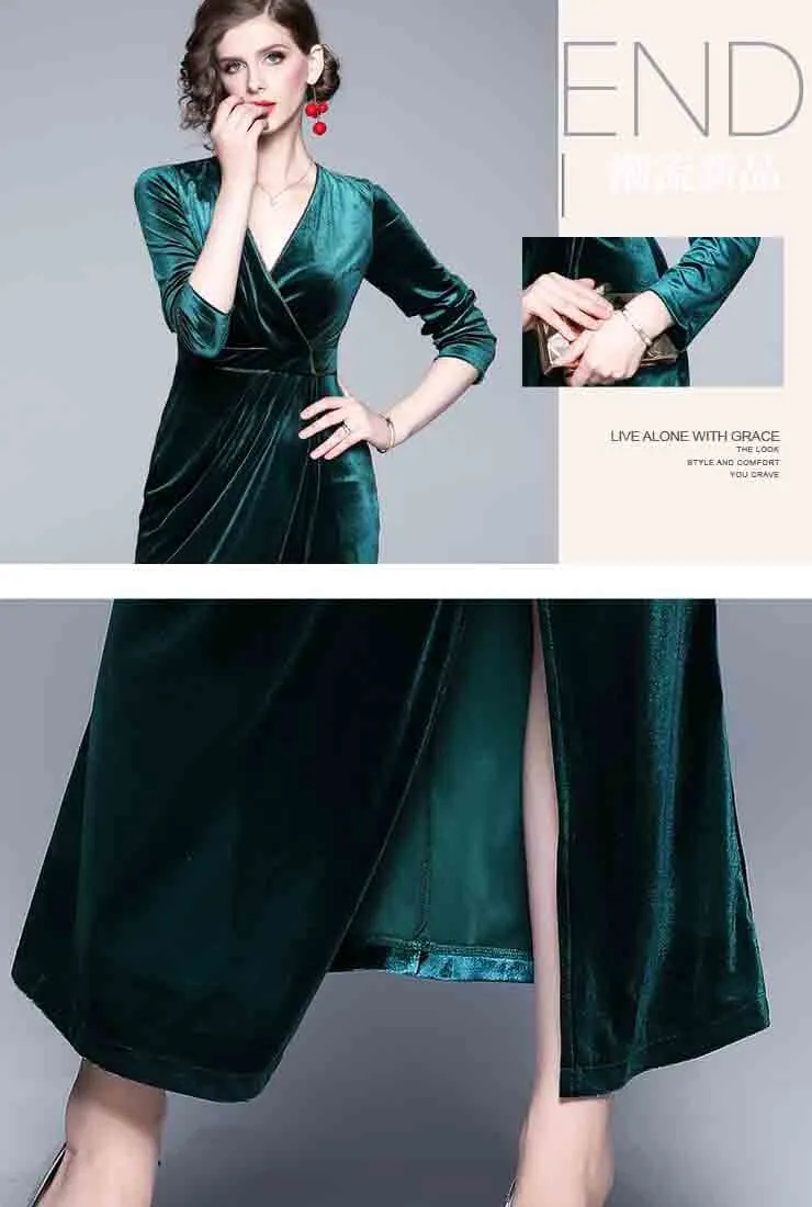 Vintage V-neck Split Velvet Maxi Wrap Dress