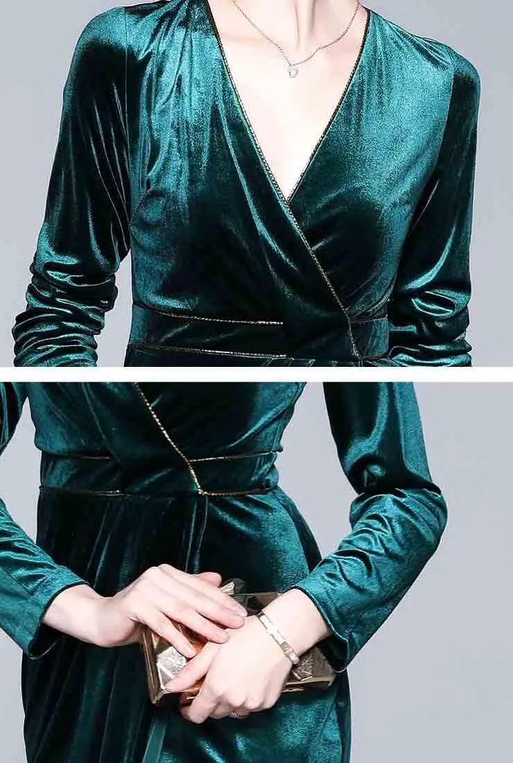 Vintage V-neck Split Velvet Maxi Wrap Dress
