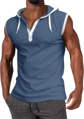 WENKOMG1 Mens Henley Tank Tops Solid Sleeveless Workout Hoodie Shirt Summer V Neck Button Down Active Hooded Gym Tees
