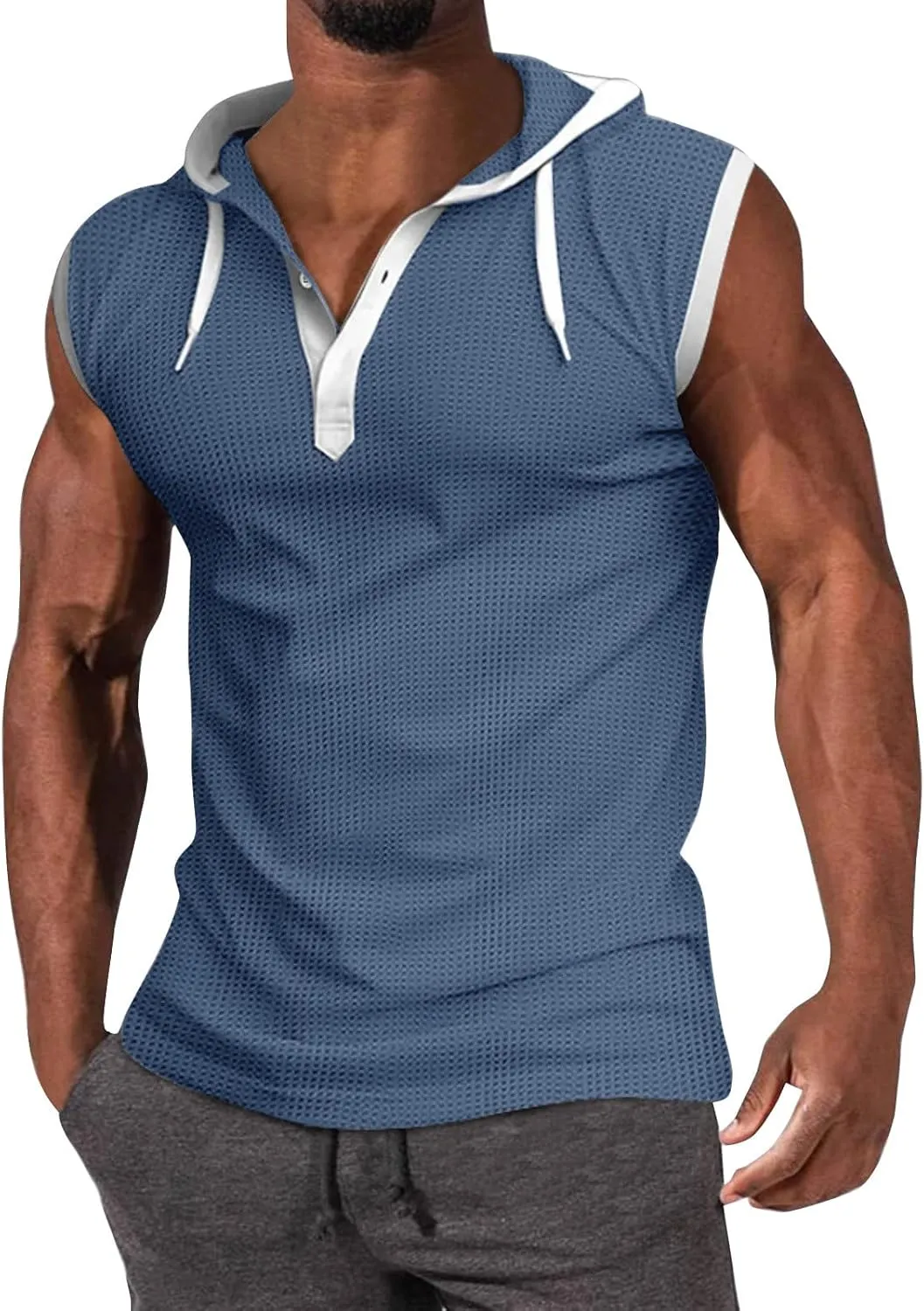 WENKOMG1 Mens Henley Tank Tops Solid Sleeveless Workout Hoodie Shirt Summer V Neck Button Down Active Hooded Gym Tees