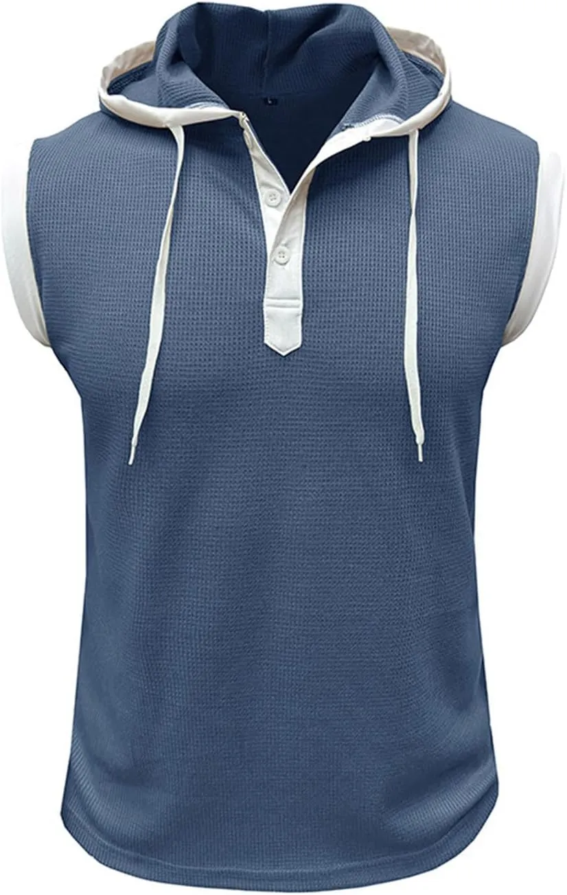 WENKOMG1 Mens Henley Tank Tops Solid Sleeveless Workout Hoodie Shirt Summer V Neck Button Down Active Hooded Gym Tees