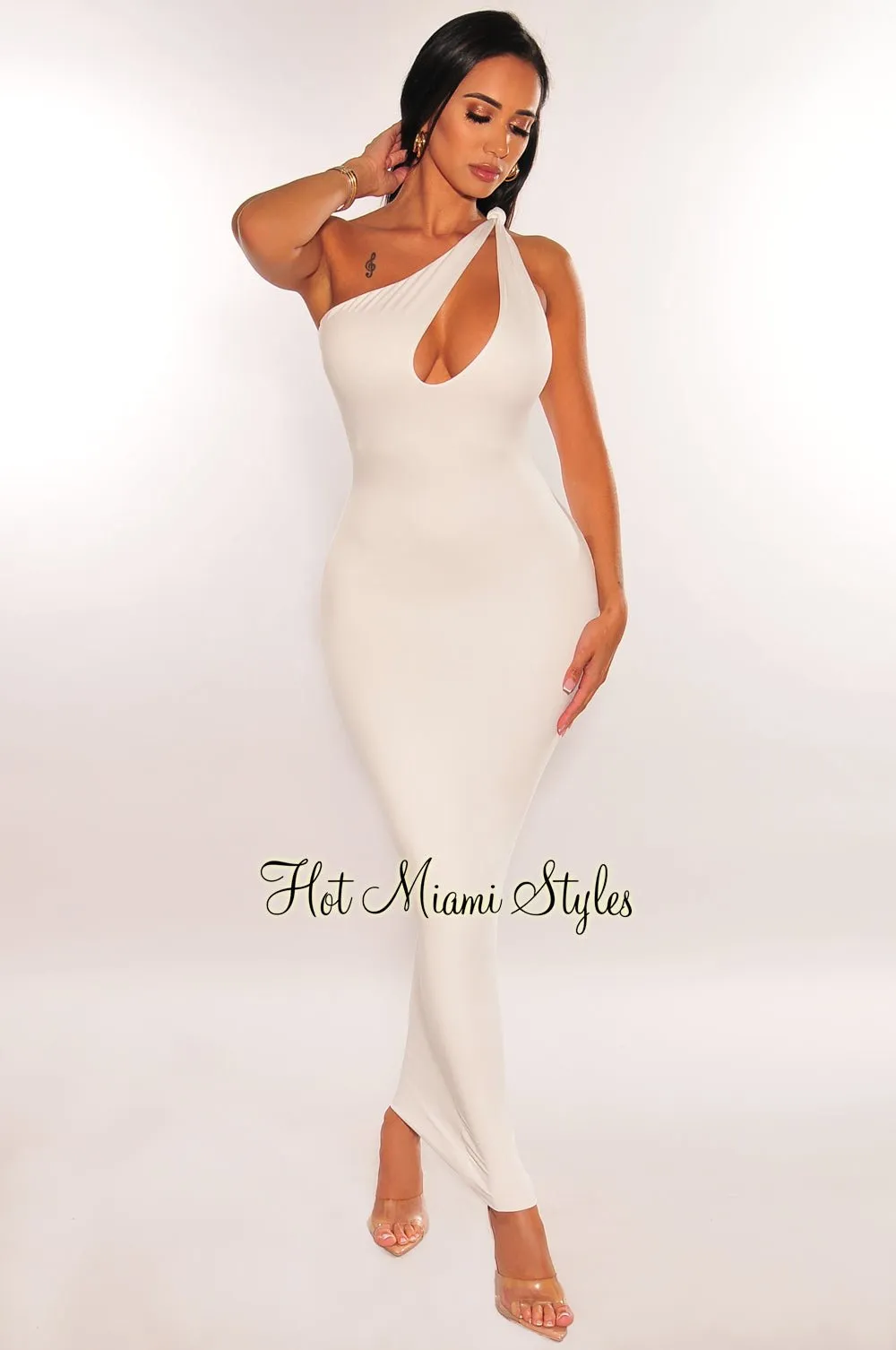 White One Shoulder Knotted Sleeveless Cut Out Midi Dress