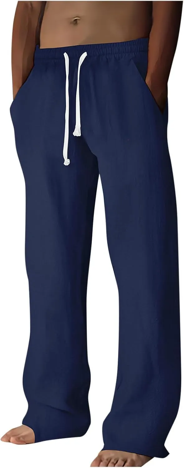 Wide Leg Linen Dress Pants Men Elastic Waist Pants with Pockets Relaxed Fit Beach Yoga Travel Lounge Trousers