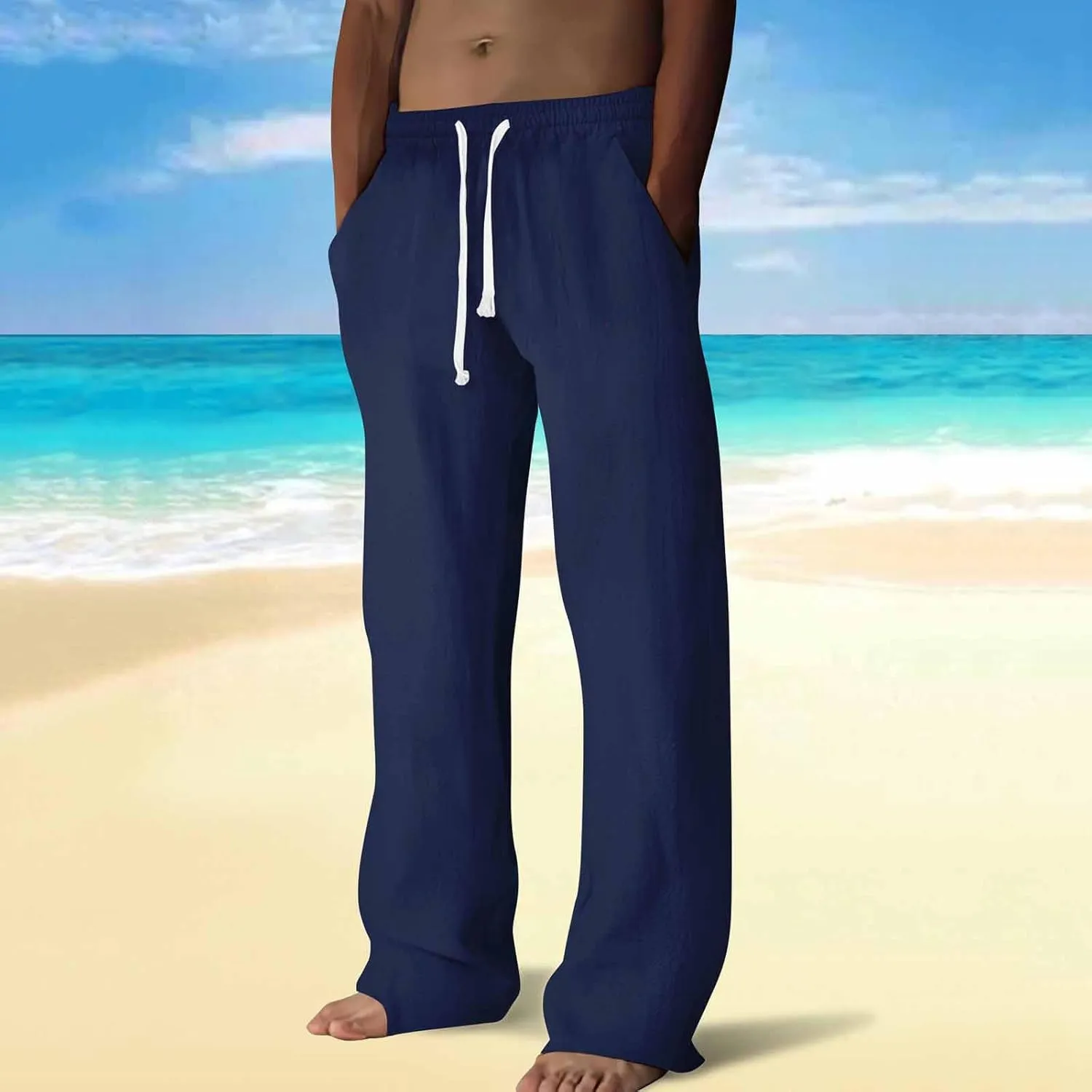 Wide Leg Linen Dress Pants Men Elastic Waist Pants with Pockets Relaxed Fit Beach Yoga Travel Lounge Trousers