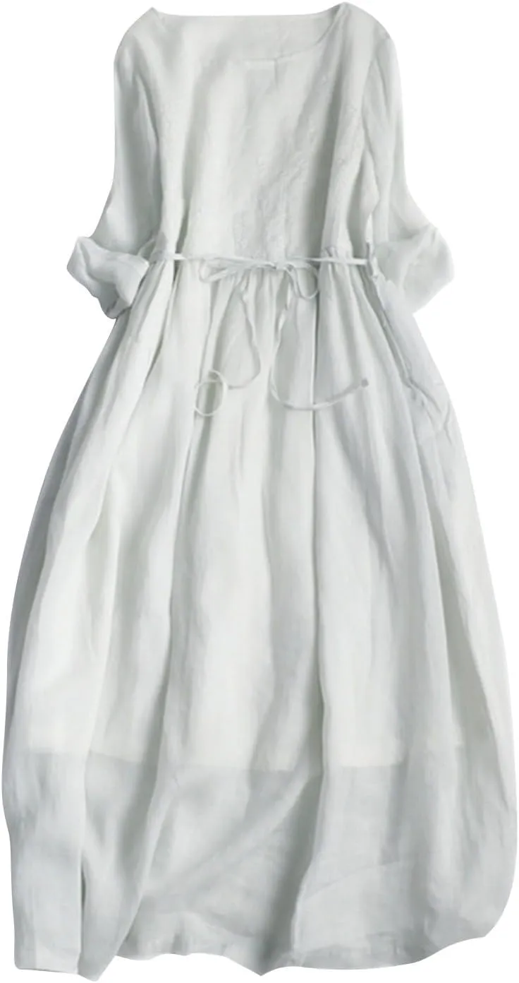 Women Bohemian Cotton Linen Dresses 3/4 Sleeve Maxi Long Dress Plain Classic Dresses Trendy Boho Dress with Belt