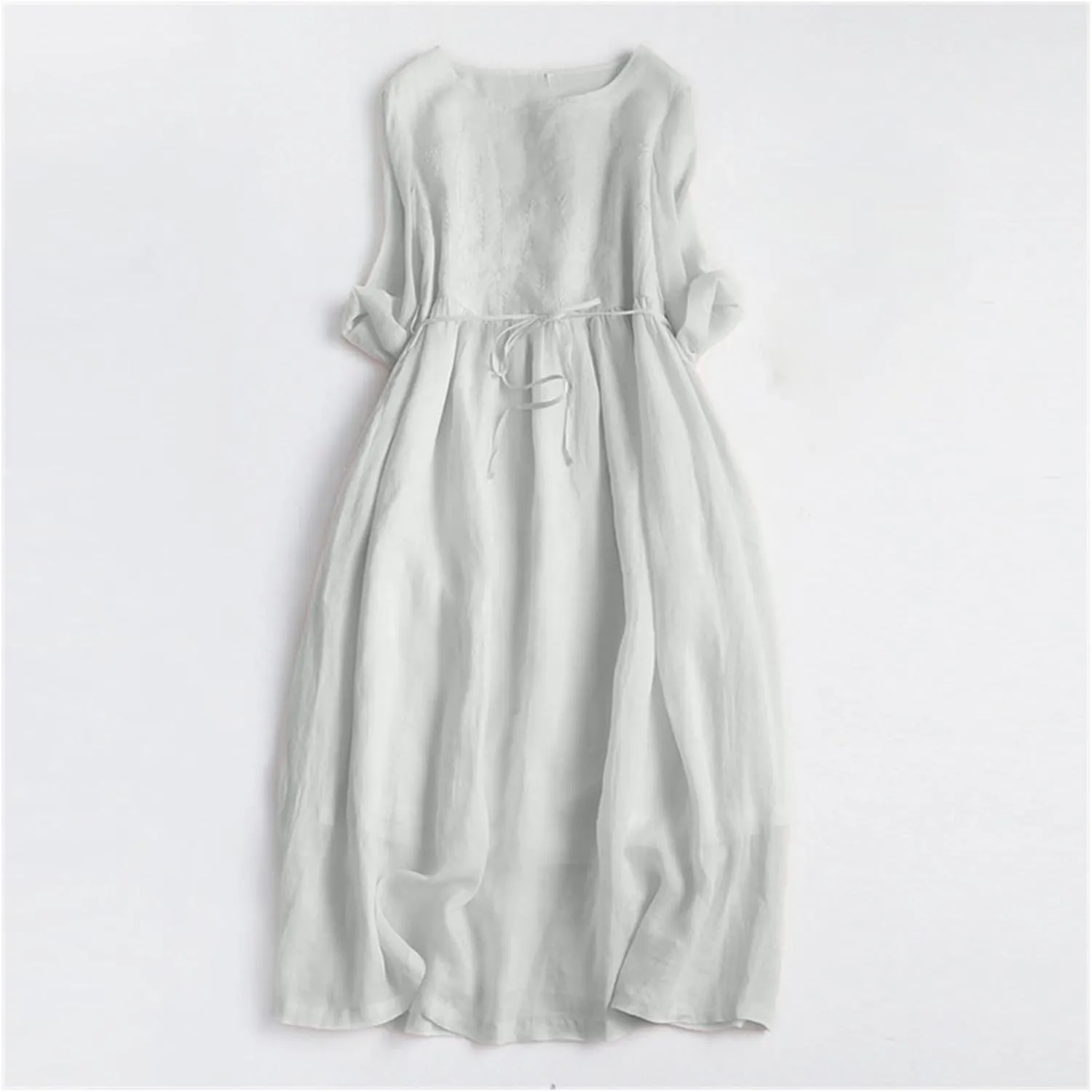 Women Bohemian Cotton Linen Dresses 3/4 Sleeve Maxi Long Dress Plain Classic Dresses Trendy Boho Dress with Belt