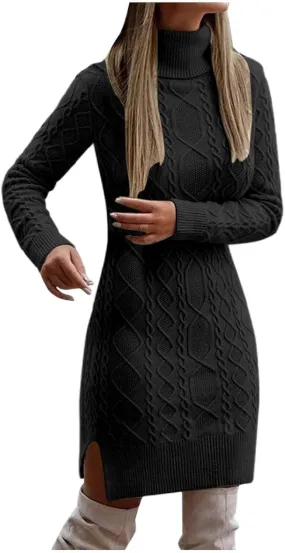 Women Fashion Solid Slim Fit Long Sleeve Pullover Sweater Knitted Lapel Sweater Slit Mid Length Summer Dress Knee