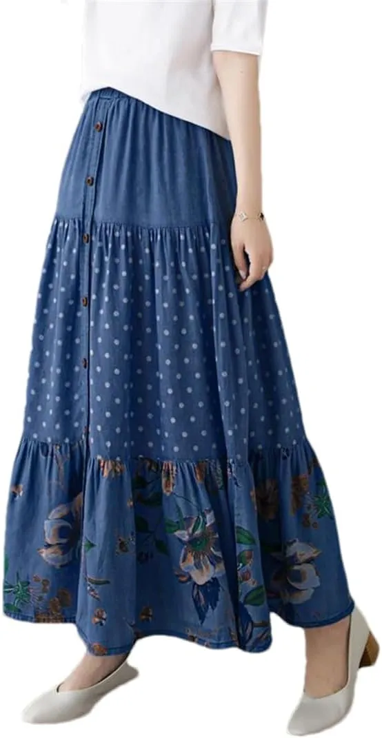 Women Floral A-Line Pleated Vintage Denim Skirts Button Front Casual Elastic Waist Midi Skirt